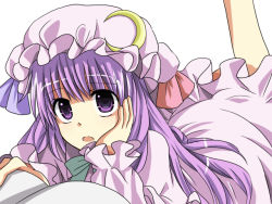 Rule 34 | 1girl, arm support, bad id, bad pixiv id, book, etou (cherry7), female focus, hand on own cheek, hand on own face, hat, legs up, looking up, lying, on stomach, open book, open mouth, patchouli knowledge, purple eyes, purple hair, simple background, solo, touhou