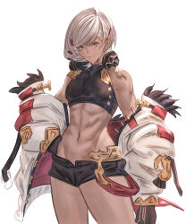 Rule 34 | 1girl, absurdres, bare shoulders, black gloves, black shirt, black shorts, breasts, closed mouth, coat, commentary, cowboy shot, crop top, dark-skinned female, dark skin, earclip, earrings, fiorito (granblue fantasy), gloves, granblue fantasy, groin, hair between eyes, hair ornament, hairclip, hand on own hip, highres, jewelry, looking at viewer, midriff, mou pl, muscular, muscular female, navel, off shoulder, shirt, short hair, short shorts, shorts, sidelocks, simple background, sleeveless, sleeveless shirt, small breasts, smile, solo, standing, white background, white coat, white hair