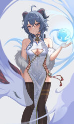 Rule 34 | 1girl, absurdres, ahoge, alternate costume, bare shoulders, bell, black thighhighs, blue choker, blue hair, blush, breasts, choker, closed mouth, crossed bangs, floral print, ganyu (genshin impact), genshin impact, goat horns, hand up, highres, horns, large breasts, long hair, looking at viewer, purple eyes, solo, standing, thighhighs, toki88909, vision (genshin impact)