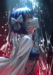 Rule 34 | 1girl, bandages, blue eyes, bow, cape, crying, crying with eyes open, hair bow, highres, magical girl, mahou shoujo madoka magica, mahou shoujo madoka magica (anime), miki sayaka, rain, shionoji08, tears, white cape