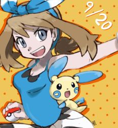 Rule 34 | 1girl, arm at side, armpits, artist request, bare shoulders, bike shorts, black shorts, blue bow, blue eyes, blue ribbon, blue shirt, bow, brown hair, child, collarbone, creatures (company), fang, female focus, flat chest, game freak, gen 3 pokemon, gen 6 pokemon, hair bow, hair ornament, hair ribbon, happy, holding, holding poke ball, hug, knee up, legs, looking at viewer, may (pokemon), medium hair, minun, neck, nintendo, open mouth, orange background, outstretched arms, poke ball, pokemon, pokemon (creature), pokemon adventures, ribbon, shiny clothes, shirt, short ponytail, short shorts, shorts, side bangs, size difference, sleeveless, sleeveless shirt, smile, spread arms, standing, star (symbol), starry background, thighs, tight clothes, tight shirt, two-tone bow, two-tone ribbon, v-shaped eyebrows, wristband