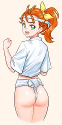 Rule 34 | 1girl, :d, absurdres, ass, bow, clenched hand, from behind, fundoshi, green eyes, highres, japanese clothes, kuppipi ramutarou, looking at viewer, looking back, mizu happi, natsuumi manatsu, open mouth, orange hair, pink background, ponytail, precure, shirt, simple background, smile, solo, standing, tropical-rouge! precure, white shirt, yellow background, yellow bow