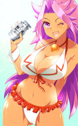 Rule 34 | 1girl, beer can, bikini, breasts, can, cowboy shot, curvy, drink can, frilled bikini, frills, front-tie top, jun&#039;you (kancolle), kantai collection, large breasts, long hair, magatama, makumaxu, navel, one eye closed, purple eyes, purple hair, simple background, solo, spiked hair, swimsuit, tan, white background, white bikini