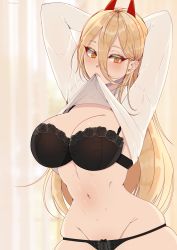 Rule 34 | 1girl, absurdres, arms behind head, artist name, black bra, black panties, blonde hair, blush, bra, breasts, chainsaw man, cleavage, clothes lift, cryptid crab, demon girl, demon horns, devil, devil girl, demon horns, highres, horns, large breasts, lifting own clothes, long hair, long sleeves, mouth hold, narrow waist, navel, panties, power (chainsaw man), sharp teeth, shirt lift, skindentation, solo, stomach, teeth, thick thighs, thighs, underwear, wide hips, yellow eyes