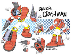 Rule 34 | 1boy, android, ariga hitoshi, arm cannon, armor, arrow (symbol), artist name, blue background, bodysuit, boots, character name, character sheet, checkered background, commentary request, concept art, crash man, drill, dual arm cannons, explosive, facing down, from behind, full body, gradient background, green eyes, hand up, helmet, highres, knee boots, leaning forward, light blue background, looking ahead, looking at viewer, male focus, mechanical parts, mega man (classic), mega man (series), mega man 2, mega man megamix, multiple views, no humans, red armor, red footwear, robot, robot ears, scanlines, shoe soles, simple background, smirk, standing, teeth, too many, too many weapons, turnaround, weapon, white background, white bodysuit