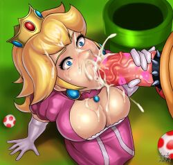 Rule 34 | 0 0, 1girl, aaaninja, blonde hair, blue eyes, bowser, breasts, bukkake, cleavage, cleavage cutout, clothing cutout, cock ring, crown, cum, cum in mouth, cum in nose, cum on hair, dress, ejaculation, elbow gloves, erection, facial, fellatio, gloves, hetero, highres, jewelry, large breasts, large penis, lipstick, lipstick mark, lipstick mark on penis, long hair, makeup, mario (series), messy, necklace, nintendo, oral, orgasm, penis, princess peach, sex toy, super mario bros. 1, surprised, uncensored, warp pipe