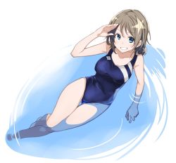 Rule 34 | 10s, 1girl, blue eyes, blue one-piece swimsuit, breasts, brown hair, competition swimsuit, grin, looking at viewer, love live!, love live! school idol project, love live! sunshine!!, lying, on back, one-piece swimsuit, partially submerged, salute, short hair, smile, solo, swimsuit, ushiki yoshitaka, watanabe you, water