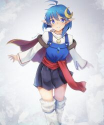 Rule 34 | 1girl, ahoge, antenna hair, artist name, blue eyes, blue hair, blurry, bow, breasts, cape, closed mouth, cowboy shot, crescent, crescent hair ornament, dot nose, grey skirt, hair ornament, jewelry, long sleeves, looking at viewer, necklace, outstretched arms, pleated skirt, pointy ears, red bow, red cape, rena lanford, short hair, skirt, small breasts, smile, solo, standing, star ocean, star ocean the second story, thighhighs, trutsmn, two-tone shirt, waist bow, white background, white thighhighs