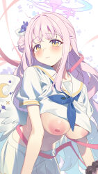 1girl absurdres airseal angel_wings black_scrunchie blue_archive blue_flower blue_neckerchief blush breasts closed_mouth commentary feathered_wings flower hair_bun hair_flower hair_ornament hair_ribbon halo highres large_breasts long_hair low_wings mika_(blue_archive) navel neckerchief nipples pink_hair pink_halo ribbon school_uniform scrunchie serafuku short_sleeves single_side_bun skirt solo stomach thighs white_background white_ribbon white_serafuku white_skirt white_wings wings wrist_scrunchie yellow_eyes