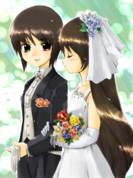Rule 34 | 00s, 2girls, :d, androgynous, arm grab, black hair, blush, bouquet, boutonniere, bow, bowtie, bridal veil, bride, buttons, chachacha, closed eyes, couple, crossdressing, dress, elbow gloves, flat chest, flower, formal, gloves, green eyes, heterochromia, holding another&#039;s arm, holding hands, incest, long hair, looking back, multiple girls, open mouth, pant suit, pants, profile, red eyes, reverse trap, rozen maiden, short hair, siblings, sisters, smile, souseiseki, sparkle, standing, suiseiseki, suit, traditional bowtie, trap, twins, veil, very long hair, wedding, wedding dress, white gloves, wife and wife, yuri