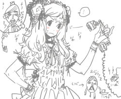Rule 34 | 1boy, 1girl, blush, blush stickers, crown, facial hair, frills, goshiki suzu, greyscale, hand on own hip, hip focus, lips, monochrome, mustache, phone, pinky out, translation request
