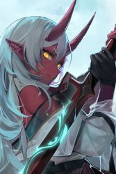 Rule 34 | 1girl, akumi (yoclesh), biittertaste, black gloves, colored skin, gloves, hair between eyes, highres, holding, holding sword, holding weapon, horns, jacket, long hair, looking at viewer, oni, oni horns, red horns, red skin, scar, scar on face, smile, solo, sword, upper body, virtual youtuber, vyugen, weapon, white hair, white jacket, yellow eyes