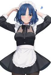 Rule 34 | 1girl, absurdres, apron, black bow, black bowtie, black dress, black pantyhose, blue hair, blush, bocchi the rock!, bow, bowtie, breasts, closed mouth, commentary request, cowboy shot, dress, facing viewer, green eyes, hair ornament, hair over eyes, hairclip, hands up, highres, long sleeves, looking at viewer, maid, maid apron, maid headdress, makise (mix020511), medium breasts, mole, mole under eye, pantyhose, parted bangs, short hair, simple background, sleeves rolled up, solo, standing, straight-on, white apron, white background, yamada ryo