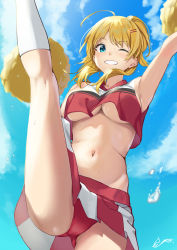 Rule 34 | 1girl, ;d, absurdres, ahoge, armpits, blonde hair, blue sky, blush, breasts, cheering, cheerleader, commission, crop top, grin, hachimiya meguru, highres, holding, holding pom poms, idolmaster, idolmaster shiny colors, jersey, kicking, kneehighs, leg up, looking at viewer, medium breasts, miniskirt, navel, one eye closed, open mouth, outdoors, outstretched arm, panties, pixiv commission, pleated skirt, pom pom (cheerleading), pom poms, ponytail, red panties, same huka, shirt, skirt, sky, sleeveless, sleeveless shirt, smile, socks, solo, standing, standing on one leg, sweatdrop, thighs, underboob, underwear