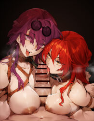 Rule 34 | 1boy, 2girls, arms behind back, bdsm, bondage, bound, bound together, breasts, censored, chain, chained, chen zi, collar, completely nude, drooling, eyewear on head, fellatio, glasses, hair between eyes, hetero, highres, himeko (honkai: star rail), honkai: star rail, honkai (series), kafka (honkai: star rail), large areolae, large breasts, large penis, leash, long hair, male pubic hair, multiple girls, nipples, nude, open mouth, oral, penis, pubic hair, purple eyes, purple hair, red hair, saliva, sex, shibari, sidelocks, skindentation, slave, smile, sweat, tongue, tongue out, yellow eyes