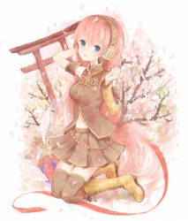 Rule 34 | 1girl, bad id, bad pixiv id, bare shoulders, blue eyes, boots, detached sleeves, headphones, long hair, megurine luka, mikanniro, petals, pink hair, skirt, solo, thighhighs, torii, vocaloid, wind