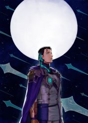Rule 34 | 1boy, black hair, blue eyes, blue hair, cape, commentary request, fate/grand order, fate (series), gloves, gradient hair, jacket, long hair, long sleeves, looking at viewer, male focus, moon, multicolored hair, night, night sky, nikola tesla (fate), open mouth, outdoors, prosthesis, prosthetic arm, sky, solo, star (sky), starry sky, yvn futon