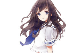 Rule 34 | 1girl, black hair, blush, closed mouth, crop top, crop top overhang, floating hair, from side, kashiwagi chisame, long hair, looking at viewer, neckerchief, original, school uniform, serafuku, short sleeves, simple background, smile, solo, tareme, upper body, white background