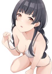 Rule 34 | 1girl, armpits, barefoot, between legs, black hair, bra, braid, breasts, brown eyes, cleavage, clenched hands, collarbone, eyelashes, feet, female focus, fingernails, from above, hand between legs, hand up, highres, idolmaster, idolmaster shiny colors, kneeling, legs, light blush, long hair, looking at viewer, looking up, low-braided long hair, low-tied long hair, matching underwear, mayuzumi fuyuko, medium breasts, midriff, namco, neck, off-shoulder, official alternate hairstyle, open mouth, panties, shy, sidelocks, simple background, solo, source request, strap slip, thighs, tukikataumemo, twin braids, underwear, underwear only, unworn clothes, white background, white bra, white panties