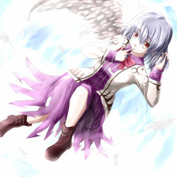 Rule 34 | 1girl, ao-shiba, boots, finger to mouth, tucking hair, kishin sagume, red eyes, single wing, solo, touhou, white hair, wings