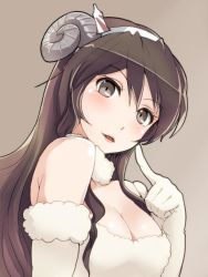 Rule 34 | 1girl, animal costume, bad id, bad twitter id, bare shoulders, black eyes, blush, breasts, brown hair, cleavage, elbow gloves, fur collar, gloves, hair ornament, hi-ho-, horns, long hair, sheep costume, sheep horns, solo, upper body, white gloves