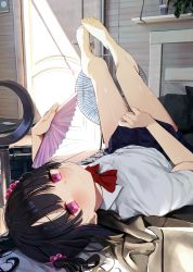 Rule 34 | 1girl, bag, bare legs, barefoot, black hair, blue skirt, blush, bow, bowtie, closed mouth, collared shirt, door, electric fan, folding fan, full body, hand fan, holding, holding fan, indoors, kamizaki hibana, legs up, looking at viewer, lying, on back, original, pink eyes, red bow, red bowtie, school bag, school uniform, shirt, short hair, short sleeves, skirt, skirt tug, solo, thighs, two side up, white shirt, wooden wall
