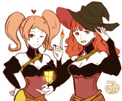 Rule 34 | 2girls, celica (fire emblem), fire emblem, fire emblem echoes: shadows of valentia, fire emblem gaiden, fire emblem heroes, grin, halloween, halloween costume, hat, lantern, long hair, looking at viewer, mae (fire emblem), multiple girls, nintendo, pink hair, red hair, signature, simple background, smile, twintails, wavy hair, witch, witch hat