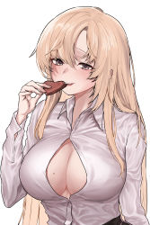 Rule 34 | 1girl, absurdres, blonde hair, breasts, brown eyes, bursting breasts, candy, chocolate, chocolate heart, chroong, cleavage, eyebrows hidden by hair, food, heart, highres, large breasts, long hair, mole, mole on breast, no bra, original, simple background, smile, solo, upper body, white background