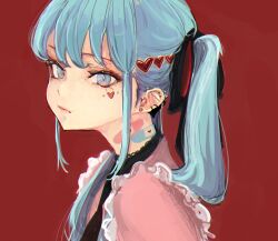 Rule 34 | 1girl, aqua eyes, aqua hair, bandaid, bandaid on neck, closed mouth, ear piercing, earrings, facial mark, from side, hair ornament, hatsune miku, heart, heart facial mark, heart hair ornament, higemu, highres, jewelry, long hair, looking at viewer, piercing, pink shirt, red background, shirt, solo, twintails, upper body, vampire (vocaloid), vocaloid