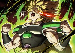 1boy artist_logo black_shirt blonde_hair broly_(dragon_ball_super) clenched_hands dragon_ball eye_trail facial_scar glowing glowing_eyes hydeover9000 large_pectorals light_trail male_focus muscular muscular_male open_mouth pectorals scar scar_on_cheek scar_on_face shirt short_hair shouting solo spiked_hair teeth veins veiny_arms veiny_hands wristband