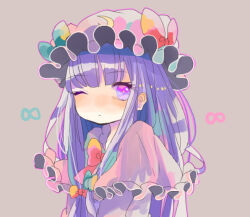 Rule 34 | 1girl, crescent, crescent hair ornament, crescent hat ornament, crescent pin, dress, hair ornament, hat, hat ornament, hiyuu (hiyualice), long hair, mob cap, one eye closed, patchouli knowledge, purple eyes, purple hair, solo, striped clothes, striped dress, touhou, upper body, vertical-striped clothes, vertical-striped dress