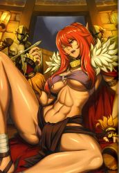 Rule 34 | 1girl, abs, ankle wrap, armor, breasts, cape, choker, covered erect nipples, cup, dark-skinned female, dark skin, defeat, eiwa, fingernails, gloves, highres, indomitable champion risty, jewelry, knee up, large breasts, legs, long hair, long legs, nail polish, navel, necklace, official art, one eye closed, panties, ponytail, purple eyes, purple panties, queen&#039;s blade, queen&#039;s blade rebellion, red hair, risty (queen&#039;s blade), risty (queen's blade), sidelocks, spiked knuckles, spread legs, sword, thick thighs, thighs, toned, underboob, underwear, vanquished queens, weapon