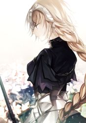 Rule 34 | 1girl, armor, armored dress, bad id, bad twitter id, blonde hair, braid, capelet, chain, commentary request, fate/apocrypha, fate (series), field, flower, flower field, gauntlets, headpiece, jeanne d&#039;arc (fate), jeanne d&#039;arc (ruler) (fate), long hair, profile, purple eyes, single braid, solo, upper body, very long hair, wowishi