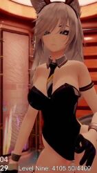 Rule 34 | 1girl, 3d, animated, ass, audible music, blue eyes, breasts, cleavage, crazymango, dancing, grey hair, highres, large breasts, leotard, long hair, medium breasts, playboy bunny, solo, sound, tagme, thighs, video, vrchat