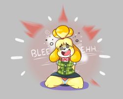 Rule 34 | 1girl, @ @, animal crossing, animal ears, arms behind back, blonde hair, blue skirt, blush stickers, breasts, dog ears, dog girl, dog tail, drooling, english text, female focus, full body, furry, furry female, gameplay mechanics, green vest, grey background, hair tie, iamaneagle, isabelle (animal crossing), kneeling, medium breasts, neck ribbon, nintendo, open mouth, panties, pantyshot, pencil skirt, pink panties, red ribbon, ribbon, shirt, short hair, short sleeves, simple background, sitting, skirt, smile, solo, spread legs, super smash bros., tail, topknot, trembling, underwear, upskirt, vest, white shirt