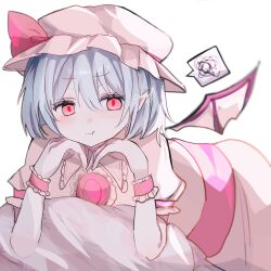 Rule 34 | 1girl, absurdres, ascot, bat wings, bed, blue hair, brooch, hat, hat ribbon, highres, jewelry, lying, mob cap, on bed, on stomach, pink hat, red ascot, red eyes, remilia scarlet, ribbon, riripika 2525, short hair, solo, spear the gungnir, touhou, wings