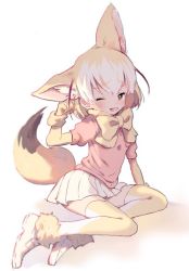 Rule 34 | 1girl, ;3, animal ear fluff, animal ears, blonde hair, blush, bow, bowtie, brown eyes, commentary request, dot nose, elbow gloves, extra ears, fennec (kemono friends), fox ears, fox tail, full body, gloves, gradient hair, hand on floor, hand up, kemono friends, loafers, looking at viewer, multicolored hair, omiso (omisozzz), on floor, one eye closed, open mouth, pink sweater, pleated skirt, shoes, simple background, sitting, skirt, solo, sweater, tail, thighhighs, white background, white footwear, white skirt, yellow bow, yellow bowtie, yellow gloves, yellow thighhighs, zettai ryouiki