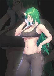 Rule 34 | 1girl, absurdres, arknights, bare arms, bare shoulders, black background, black bra, black pants, bra, breasts, cleavage, contrapposto, cowboy shot, green hair, groin, hand up, highres, holding, holding towel, horns, hoshiguma (arknights), large breasts, leggings, long hair, midriff, navel, pants, parted lips, profile, simple background, single horn, solo, sports bra, stomach, sweat, towel, underboob, underwear, yellow eyes, yumero, zoom layer