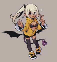 Rule 34 | 1girl, bikini, black bikini, black bow, black thighhighs, black wings, bow, breasts, brown eyes, commentary request, dark-skinned female, dark skin, demon girl, demon tail, demon wings, detached wings, eyes visible through hair, full body, grey hair, hair bow, hands up, heart, jacket, long sleeves, low wings, mawaru (mawaru), original, shoes, side ponytail, small breasts, solo, swimsuit, tail, thighhighs, wide sleeves, wings, yellow footwear, yellow jacket