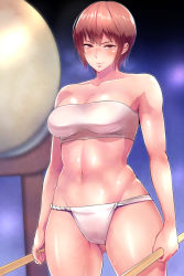Rule 34 | 1girl, bandeau, bifidus, breasts, brown eyes, brown hair, commentary request, drum, fundoshi, gakuen taisen valkyries, instrument, japanese clothes, large breasts, night, shadow, shiny skin, short hair, sidelocks, smile, solo, strapless, taiko drum, taiko sticks, thighs, toned, tube top