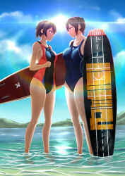 Rule 34 | 10s, 2girls, black hair, breasts, clenched teeth, collarbone, competition swimsuit, confrontation, flight deck, from side, highres, kaga (kancolle), kantai collection, medium breasts, multiple girls, one-piece swimsuit, parsue, profile, shiny clothes, short hair, surfboard, swimsuit, teeth, wading, water, zuikaku (kancolle)