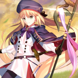 Rule 34 | 1girl, artoria caster (fate), artoria caster (second ascension) (fate), artoria pendragon (fate), belt, beret, black bow, black gloves, blonde hair, blue belt, blue cape, blue hat, blush, bow, breasts, buttons, cape, closed mouth, cloud, cloudy sky, double-breasted, dress, fate/grand order, fate (series), gem, gloves, gold trim, grass, green eyes, green gemstone, hair bow, hat, highres, holding, holding staff, hood, hooded cape, long hair, long sleeves, looking at viewer, mishiro (ixtlolton), multicolored cape, multicolored clothes, pantyhose, purple bow, red cape, shirt, skirt, sky, small breasts, smile, solo, staff, thighs, twintails, white shirt, white skirt