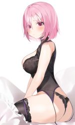 Rule 34 | 1girl, alternate costume, ass, bad id, bad pixiv id, bare shoulders, black panties, black thighhighs, blush, breasts, closed mouth, commentary request, eyes visible through hair, fate/grand order, fate (series), hair over one eye, highres, large breasts, light purple hair, looking at viewer, mash kyrielight, panties, purple eyes, purple hair, short hair, simple background, sitting, solo, thighhighs, underwear, white background, yuuko (030 yuko)