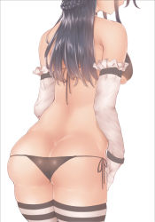 Rule 34 | 1girl, ass, bababababan, back, bad id, bad pixiv id, bikini, black bikini, black hair, breasts, butt crack, cowboy shot, detached sleeves, from behind, head out of frame, highres, long hair, looking back, original, side-tie bikini bottom, simple background, solo, striped clothes, striped thighhighs, swimsuit, thighhighs, white background
