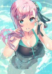 Rule 34 | 1girl, bare arms, bare shoulders, black one-piece swimsuit, blue eyes, blush, breasts, bun cover, cleavage, collarbone, competition swimsuit, copyright name, fate/grand order, fate (series), from above, large breasts, looking at viewer, looking up, miyamoto musashi (fate), miyamoto musashi (fate/grand order), miyamoto musashi (swimsuit berserker) (fate), miyamoto musashi (swimsuit berserker) (first ascension) (fate), one-piece swimsuit, parted lips, partially submerged, pink hair, single sidelock, smile, solo, swimsuit, water, yoshimoto (dear life)