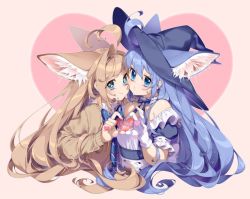 Rule 34 | + +, 2girls, ahoge, aisu (elin), animal ear fluff, animal ears, blue eyes, blue hair, brown hair, deathalice, dress, elin, face-to-face, fox ears, hat, heart, heart hands, large ears, long hair, looking at viewer, multiple girls, plushmallow (elin), ribbon, school uniform, simple background, strapless, strapless dress, tera online, witch hat