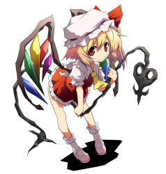 Rule 34 | 1girl, bent over, blonde hair, blouse, collared shirt, female focus, flandre scarlet, hair between eyes, hat, hermmy, mob cap, red eyes, ribbon, shirt, short hair, simple background, solo, standing, touhou, white background, white hat, white shirt, wings