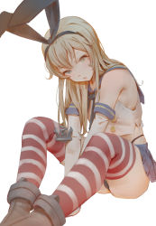 Rule 34 | 10s, 1girl, alternate eye color, anchor hair ornament, aqua eyes, bad id, bad pixiv id, bare shoulders, black panties, blonde hair, blue skirt, double bun, elbow gloves, gloves, grey footwear, hair bun, hair ornament, hairband, highleg, highleg panties, highres, kantai collection, long hair, microskirt, panties, pleated skirt, school uniform, serafuku, shimakaze (kancolle), shoes, simple background, sitting, skirt, sleeveless, solo, striped clothes, striped thighhighs, thighhighs, timbougami, underwear, v arms, white background, white gloves