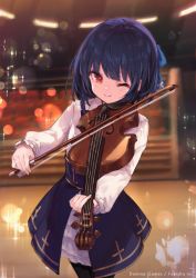 Rule 34 | 1girl, ;), black pantyhose, blue hair, blue skirt, blurry, blurry background, closed mouth, collared shirt, commentary request, copyright request, depth of field, holding, holding instrument, holding violin, indoors, instrument, long sleeves, makihitsuji, one eye closed, pantyhose, puffy long sleeves, puffy sleeves, red eyes, shirt, skirt, sleeves past wrists, smile, solo, standing, violin, white shirt