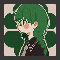 Rule 34 | 1girl, bad id, bad twitter id, black border, black sailor collar, black shirt, border, braid, chibi, closed mouth, clover, clover background, clover knight (vocaloid), four-leaf clover, from side, glasses, green background, green eyes, green hair, grey neckerchief, halftone texture, inactive account, light smile, long hair, looking ahead, low twin braids, neckerchief, outline, profile, sailor collar, shirt, solo, twin braids, two-tone background, upper body, vocaloid, white background, white outline, yuyuwan1364574